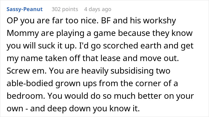 Comment discussing relationship issues and advising the woman to move out due to a difficult mother-in-law. Comment discussing relationship issues and advising the woman to move out due to a difficult mother-in-law.