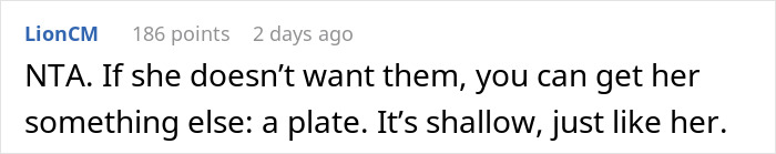 Comment discussing estate sale gift, suggesting a plate for someone perceived as shallow.