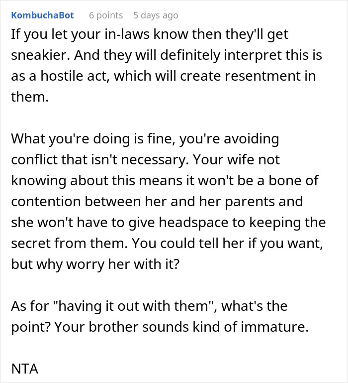 Text post discussing relationship conflict involving in-laws and secrecy advice.