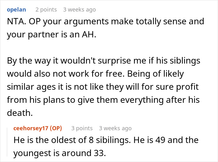 Reddit comments discussing partner exclusion from will and related family dynamics.