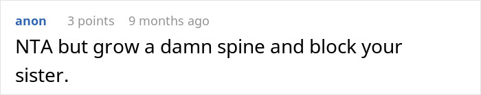 Reddit comment discussing prioritizing future over babysitting with advice to block sister.