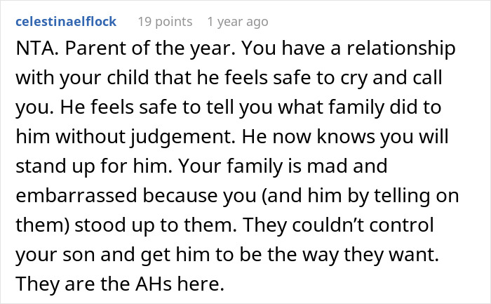 Reddit comment offering support for a parent standing up for their gay son against family.