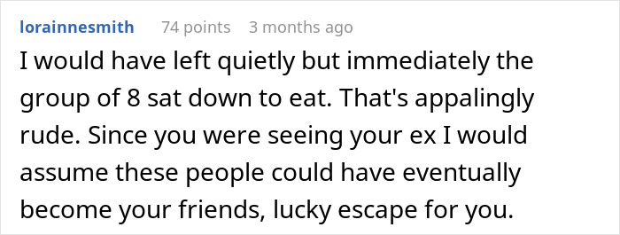 Text comment about a group of friends eating and leaving only leftovers for guests, described as rude.
