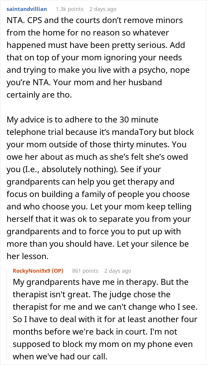 A text exchange discussing a frustrated teen whose mom neglects her bio son for a troubled stepkid.