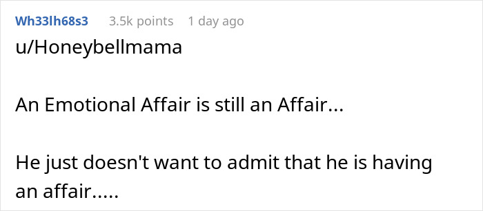 Text from a Reddit user discussing emotional affair and denial.
