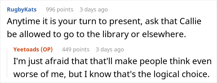 Reddit conversation discussing a student's acne and classmates' reactions.