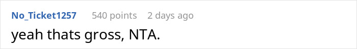 Comment discussing roommate issues, mentioning "that's gross, NTA. Comment discussing roommate issues, mentioning "that's gross, NTA.