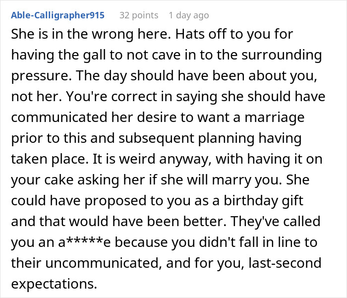 Comment expressing disagreement on woman proposing to herself using boyfriend's birthday.