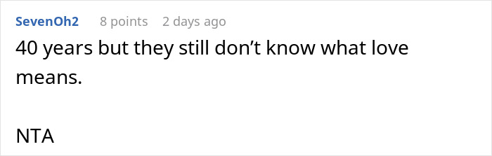 Reddit comment discussing parents' silent treatment over party cancellation. Reddit comment discussing parents' silent treatment over party cancellation.