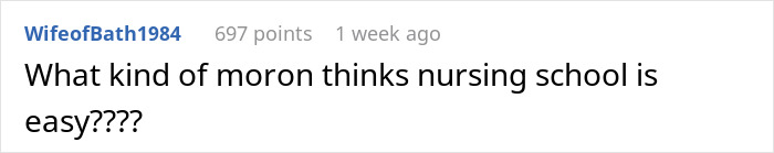Reddit comment questioning the ease of nursing school, highlighting skepticism toward its perceived simplicity.