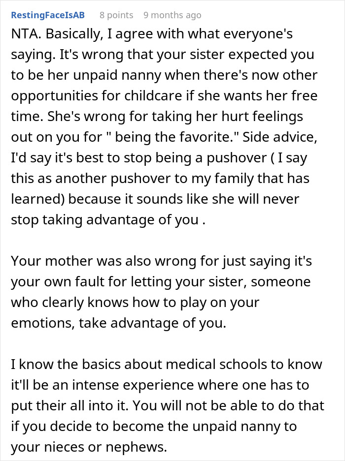 Text discussing a teen prioritizing her future over babysitting, advising against being taken advantage of by family.