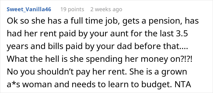 Comment on rent and budget advice for dad's ex-wife and son seeking help.