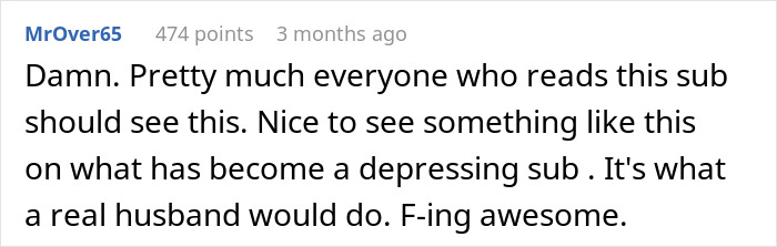 Comment praising a husband's thoughtful $20k truck gift, emphasizing positive and uplifting impact.