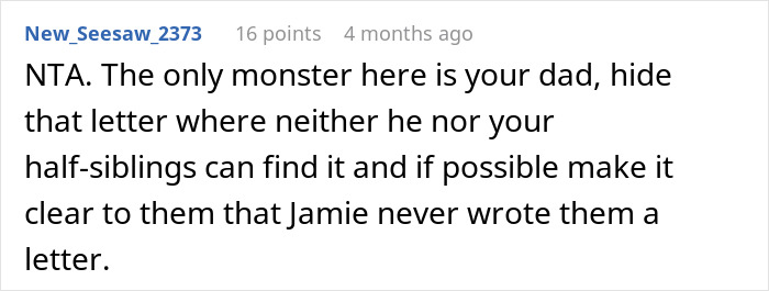 Reddit comment discussing a teen refusing to share brother's final words with half-siblings. Reddit comment discussing a teen refusing to share brother's final words with half-siblings.