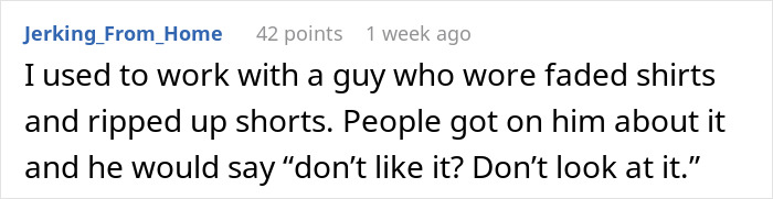 Text from social media post about a coworker's audacity in wearing casual attire. Text from social media post about a coworker's audacity in wearing casual attire.