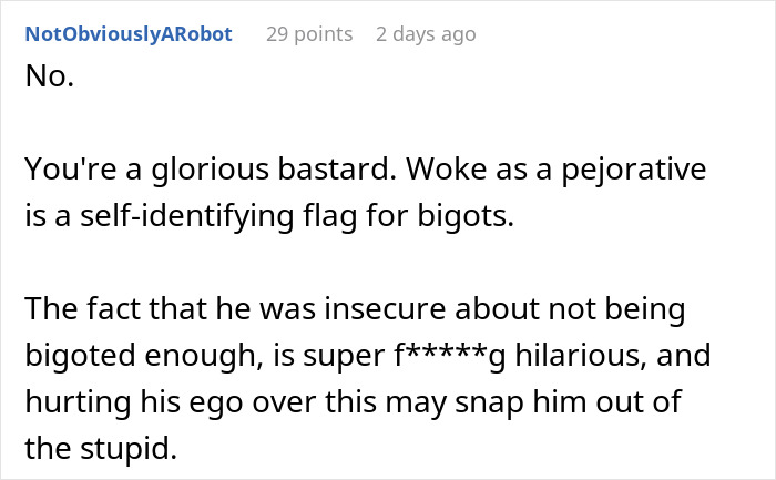 Screenshot of a Reddit comment discussing an anti-woke cousin prank. Screenshot of a Reddit comment discussing an anti-woke cousin prank.