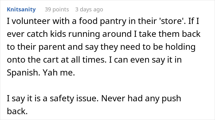 Text image discussing kids' safety in stores and ensuring parents hold onto carts to prevent issues. Text image discussing kids' safety in stores and ensuring parents hold onto carts to prevent issues.