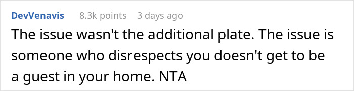 Comment about MIL issue with disrespectful guest at dinner, emphasizing home guest rules.