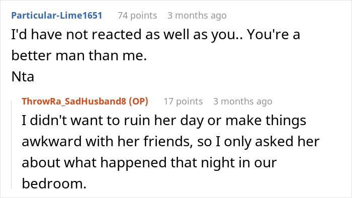 Reddit comments discussing a husband's response to his wife's unhelpful accusation.