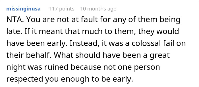 Reddit comment supporting a woman bullied for canceling a birthday dinner after no one showed up.