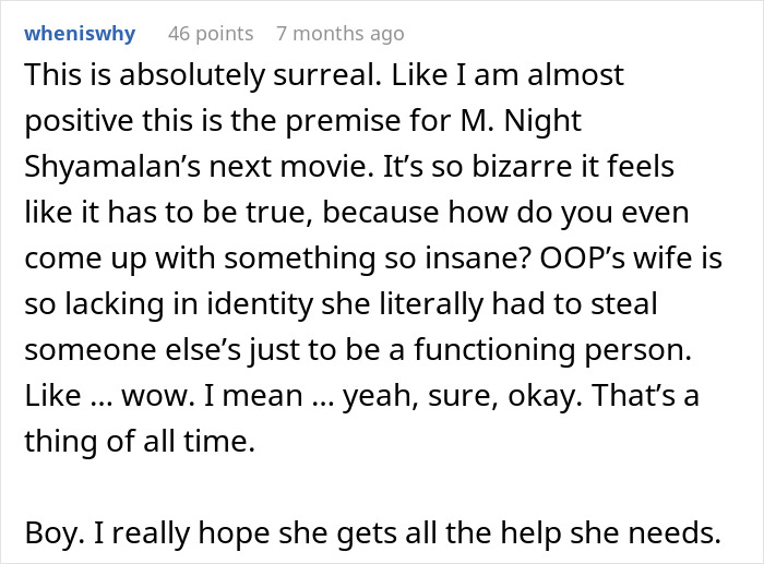 Text comment discussing a wife's nine-year obsession imitating her husband's ex.