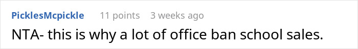 Reddit comment on office bans related to school sales, discussing gluten-free concerns. Reddit comment on office bans related to school sales, discussing gluten-free concerns.
