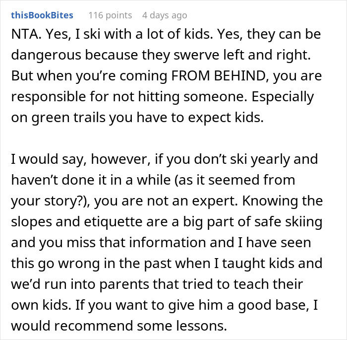 Text screenshot discussing ski trail etiquette and safety for beginners.