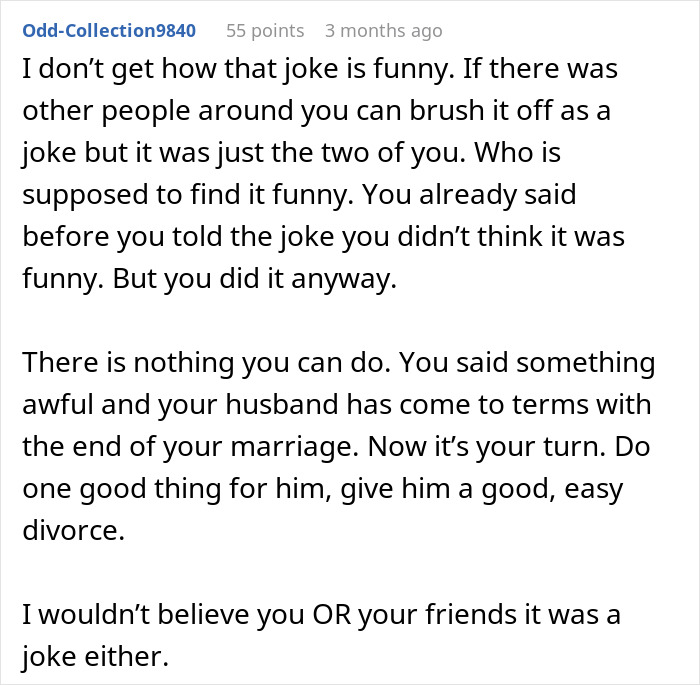 Text discussing a woman's joke backfiring and resulting in divorce papers from her husband.