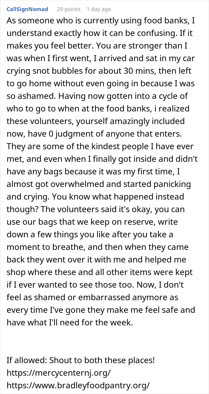 Text about a person&rsquo;s experience at a food bank, highlighting volunteer support and kindness, with website links.