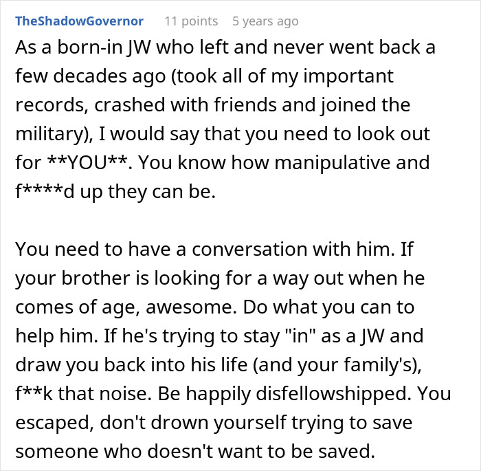 Reddit comment discussing religious upbringing and advice about a brother's choices.