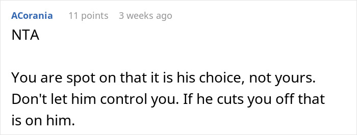 Reddit comment discussing controlling man and daughters&rsquo; situation, advising them not to be controlled.