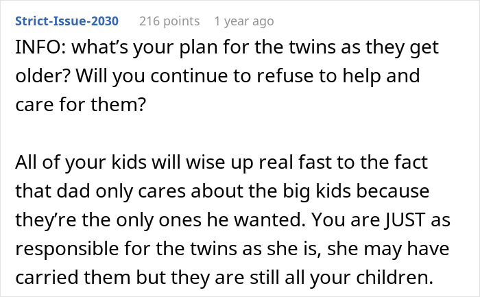 Comment about a dad refusing to help with twins, mentioning responsibility for all his children.