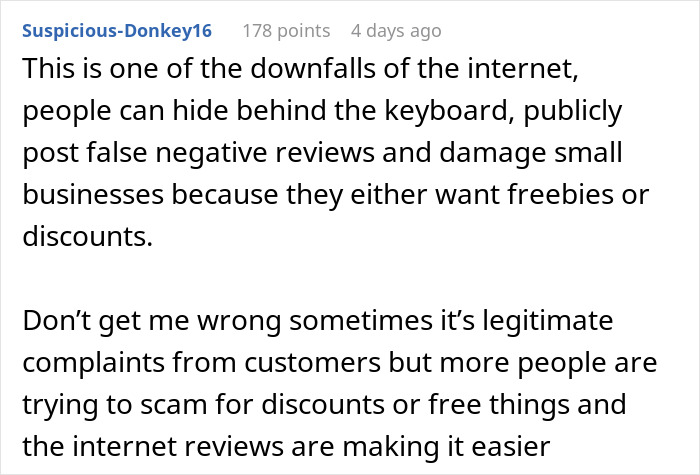 Reddit comment about damage from false negative reviews, seeking freebies or discounts. Reddit comment about damage from false negative reviews, seeking freebies or discounts.