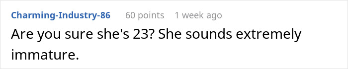 Text comment questioning maturity of a 23-year-old.