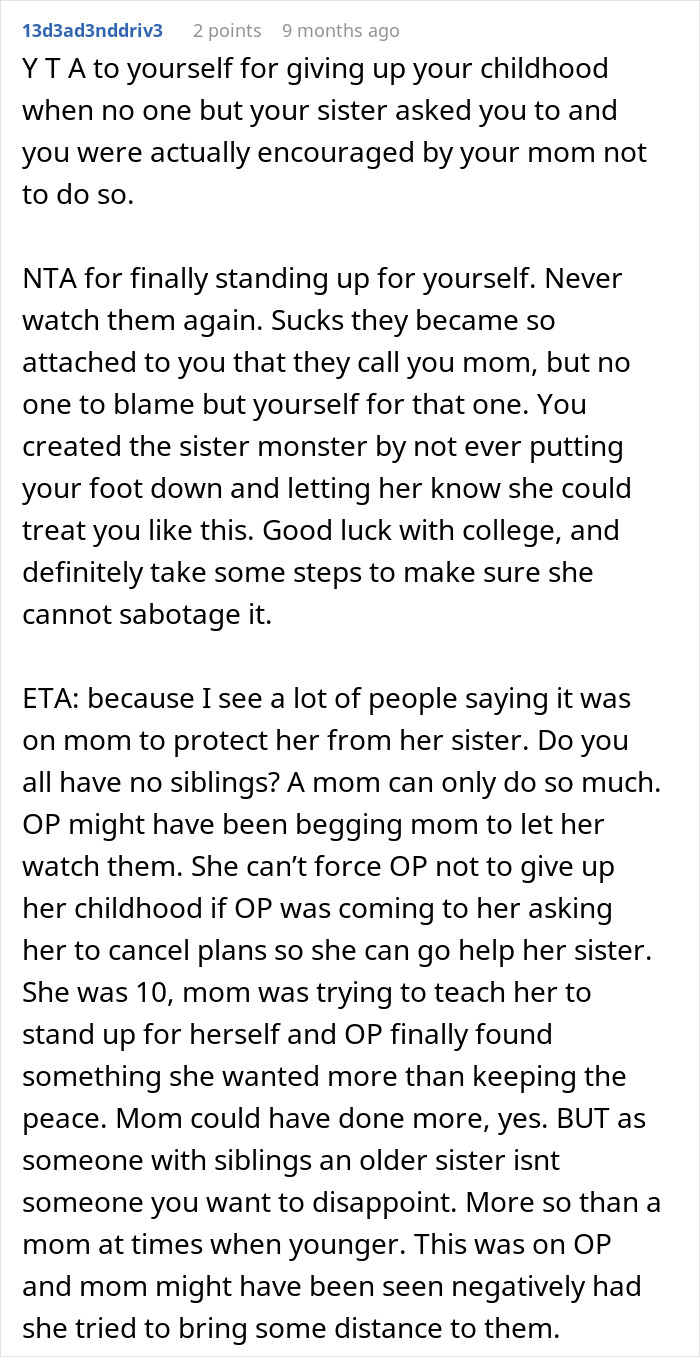 Text post discussing a teen's decision to prioritize her own future over babysitting her sister&rsquo;s kids.