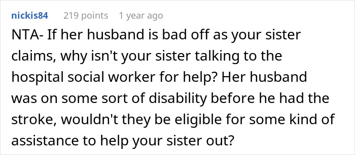 Comment discussing why sister isn't seeking social worker's assistance.