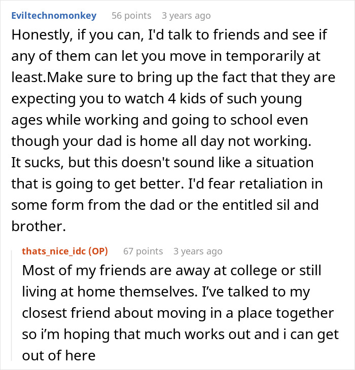 Reddit discussion on babysitting refusal, with advice and plans to move out shared in comments.