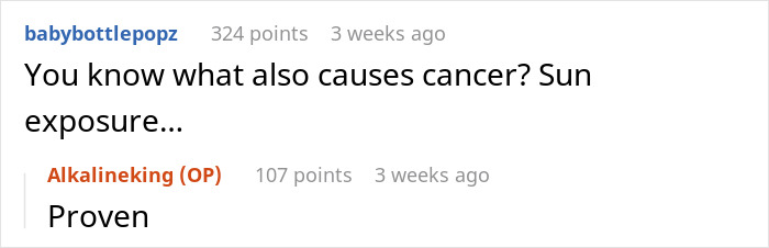 Reddit comment discussing cancer causes, mentioning sun exposure.