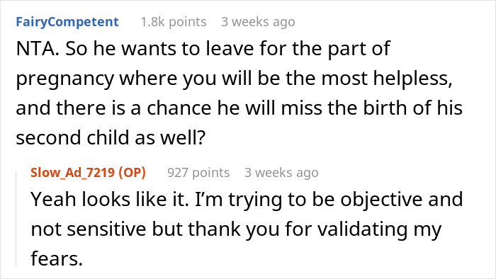 Online discussion about a wife being pregnant while her husband plans an overseas trip.
