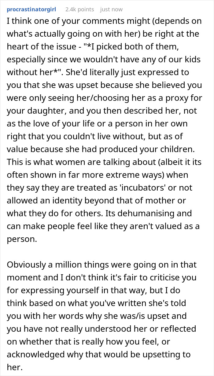 Text post discussing a wife's upset feelings about being valued only for giving birth, mentioning dehumanization.