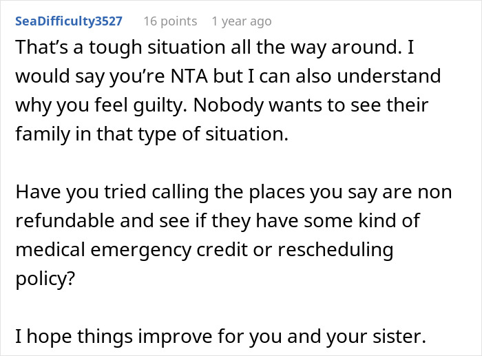 Comment discussing tough situation about rebooking $18K trip and offering advice on rescheduling policies.