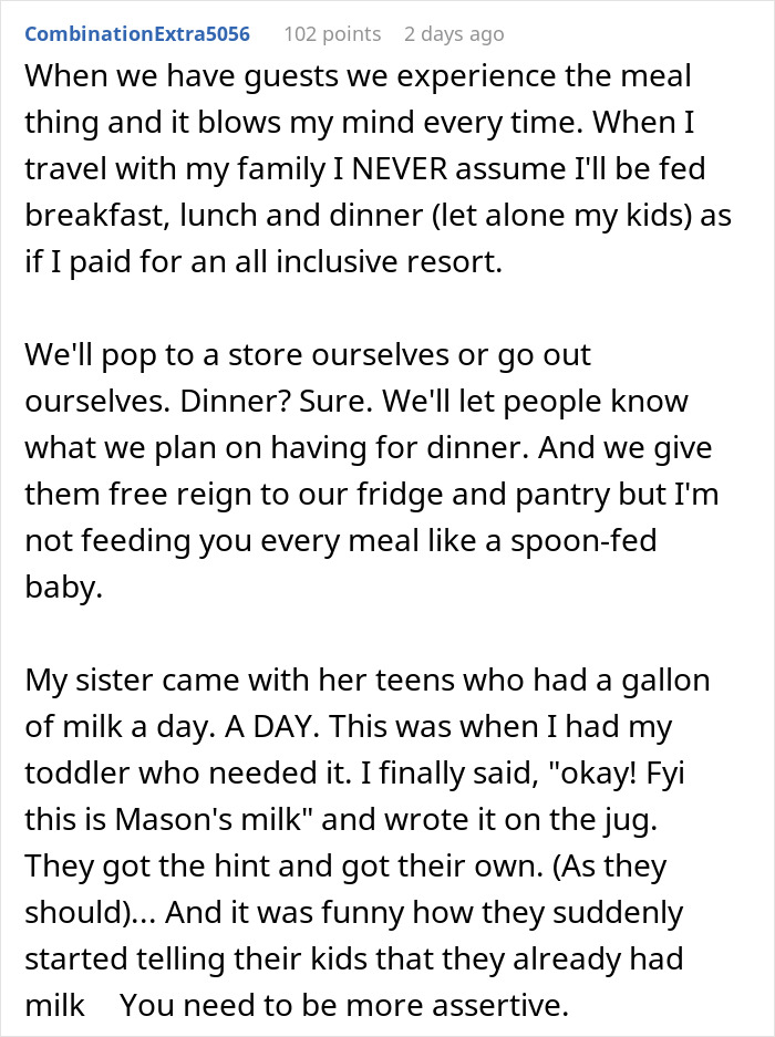 Text post about houseguests treating woman's home like a hotel, focusing on assertive behavior and setting boundaries.