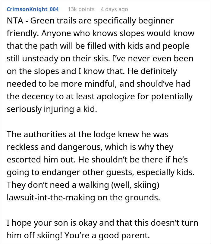 Text post about skiing safety on beginner trails, highlighting the need for caution and responsibility.