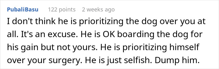 Guy Tells Fianc&eacute;e To Recover In Hotel Room After Surgery So As Not To Not Disturb His Dog