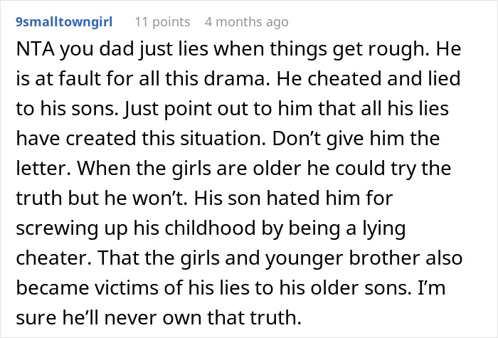 Reddit comment criticizing a father for lying, discussing family drama and sibling relationships. Reddit comment criticizing a father for lying, discussing family drama and sibling relationships.