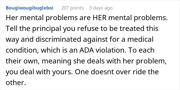 Reddit comment discussing a student's rights regarding acne and discrimination.