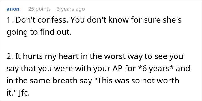Reddit comment discussing a marriage crisis involving long-term infidelity. Reddit comment discussing a marriage crisis involving long-term infidelity.