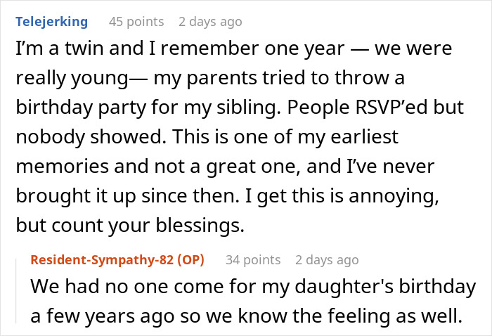 Text conversation about a parent's experience with no RSVPs for a child's party.