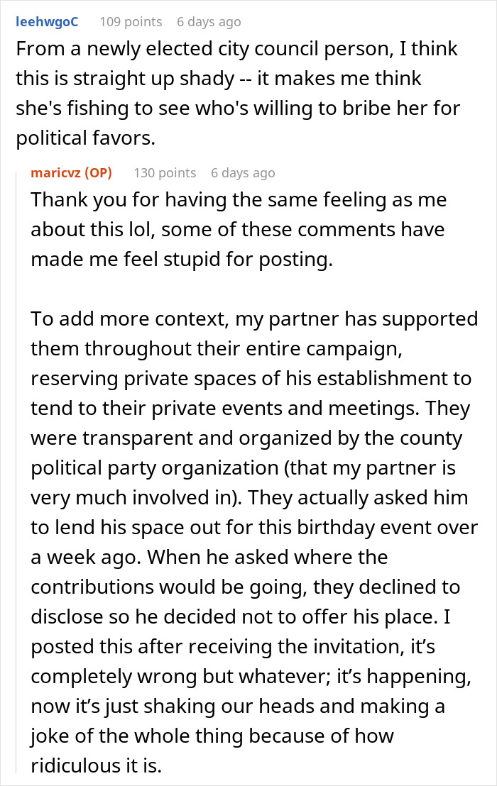 Reddit comments discussing lady's birthday celebration cost and perceived shady behavior.