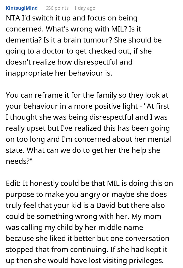 MIL renaming grandson with something random, DIL responds on an online forum discussing family dynamics and boundaries.